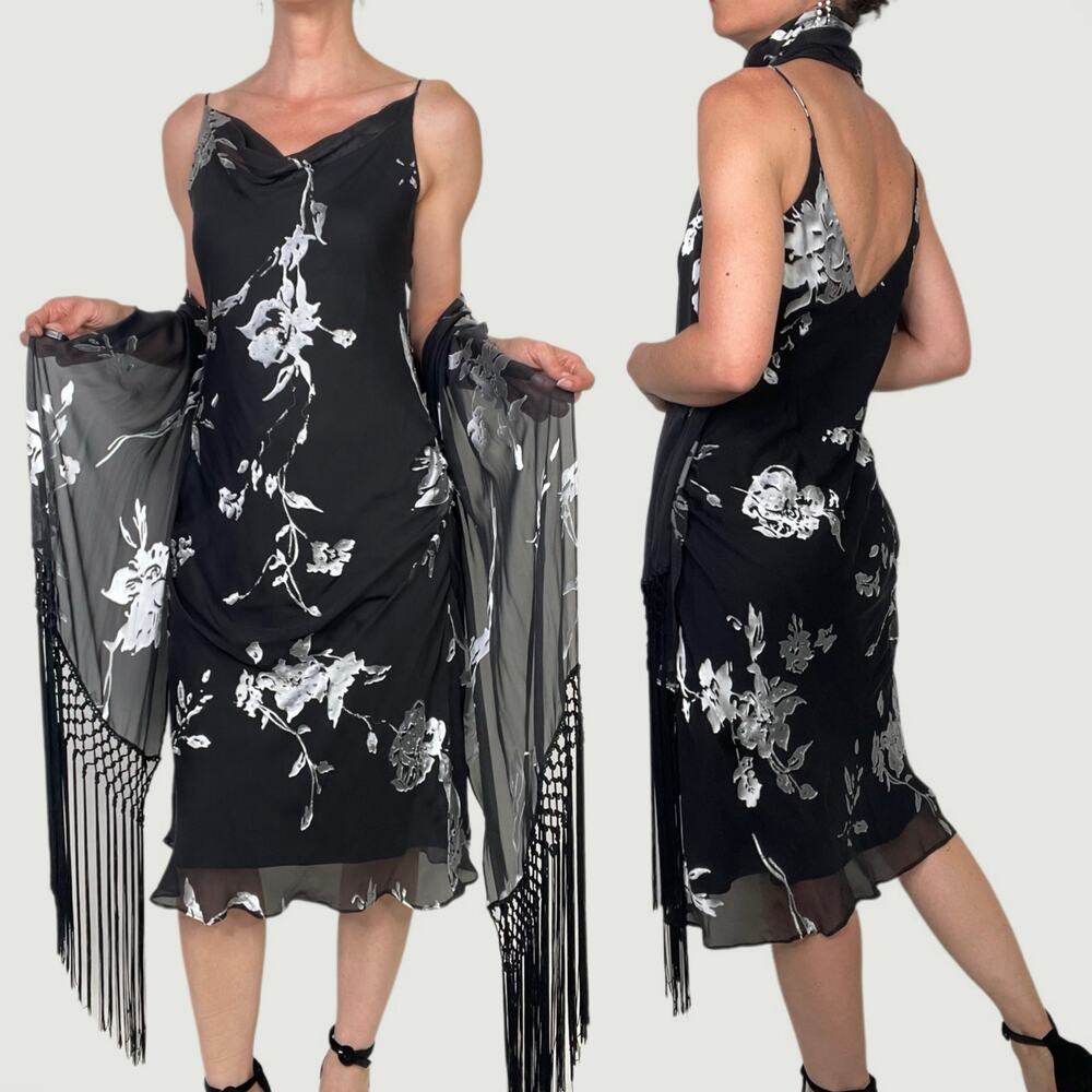 Alex Evenings beaded floral silk slip dress with matching scarf formal cocktail - Picture 3 of 17
